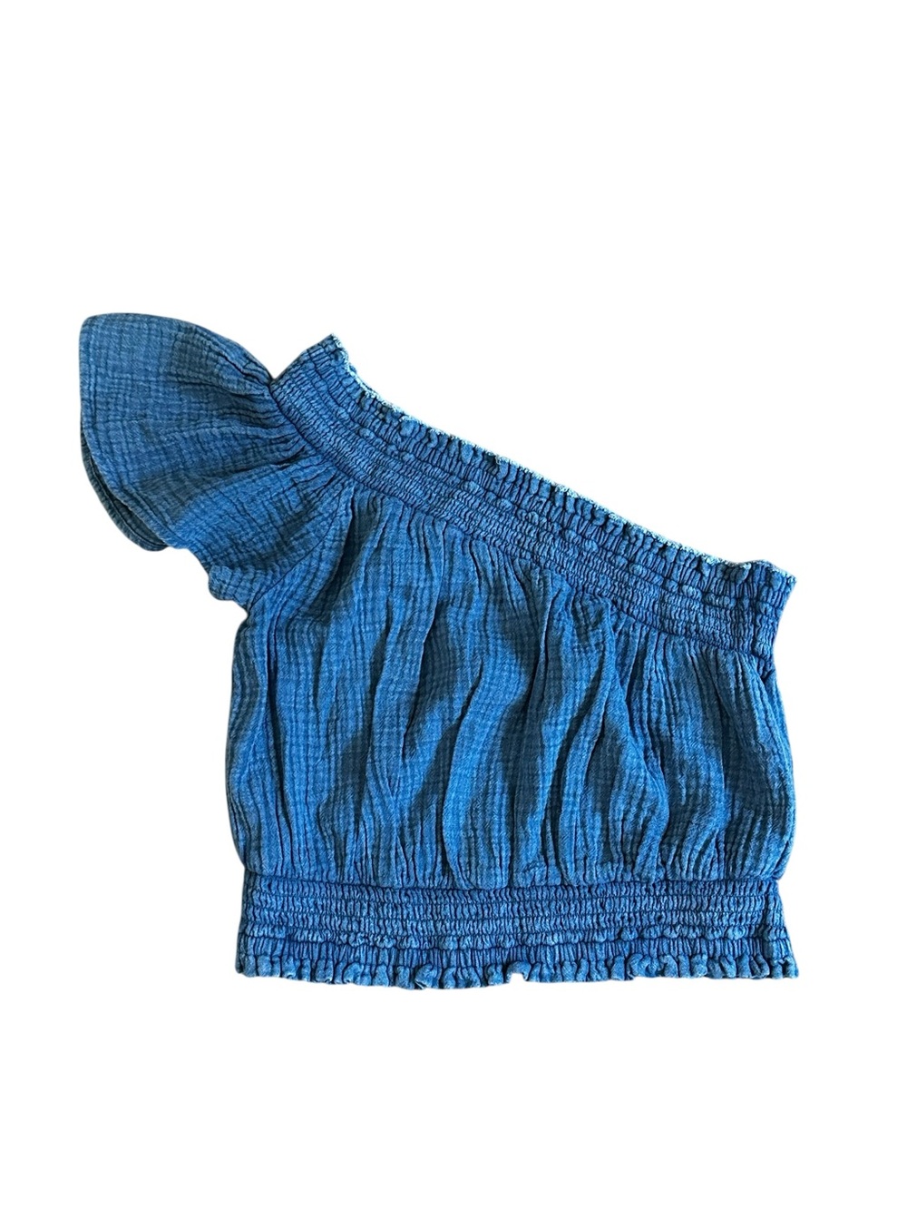 Aerie Chambray Blue Gauze One Shoulder Crop Top Beach Coastal Vacation